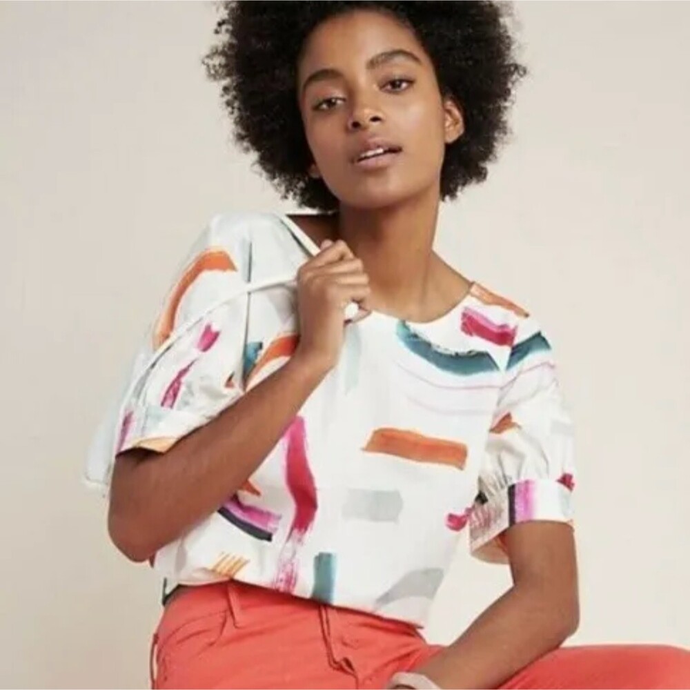 Anthropologie White Brushstroke Print Puff-Sleeve Blouse